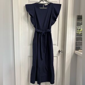 Me by Jennie Garth Palmetto Chic Navy Midi Dress Ruffle Sleeves Size Medium